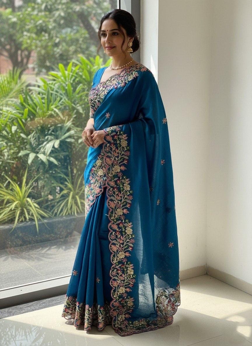Soft Fendi Chiffone Embroidery Cut Work Designer Saree