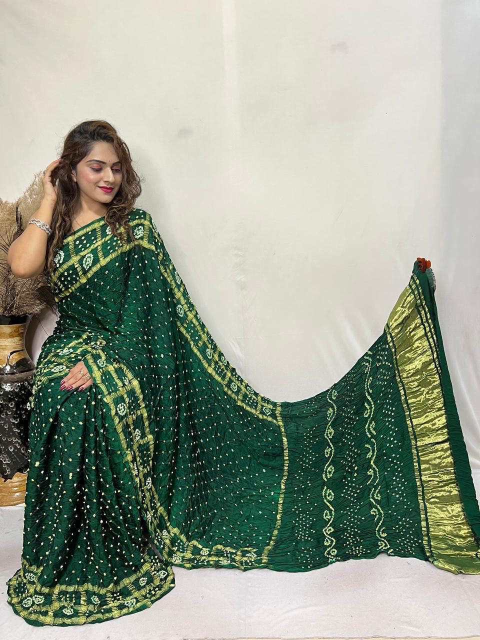 Pure Modal Silk Golden Chex Hand Made Barik Bandhej work Silk Bandhani Saree