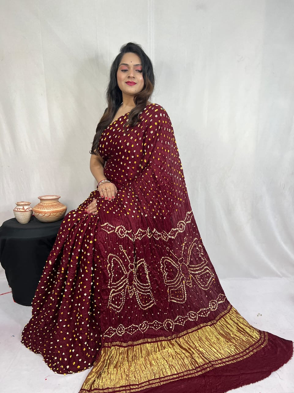 Modal Silk Heavy Barik Bandhej work Silk Bandhani Saree