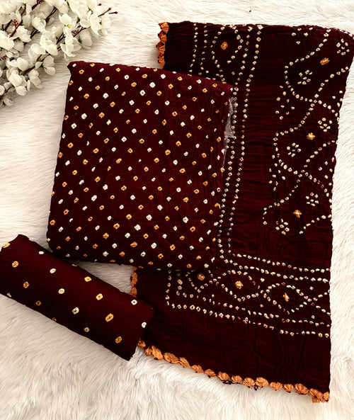 Cotton Satin Ethenika Original Hand Crafted Bandhani Dress Material (Unstitched)