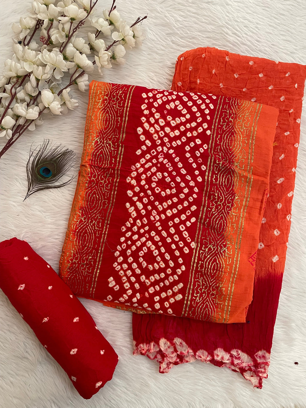 Cotton Satin Hand Block Print work Bandhani Dress Material (Unstitched)