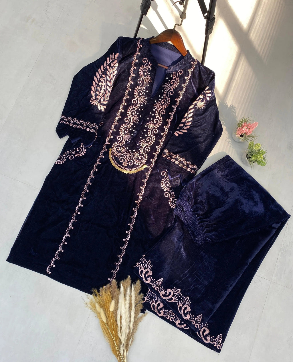 Designer Embroidery work Velvet Kurti Pant Set (Ready to wear)
