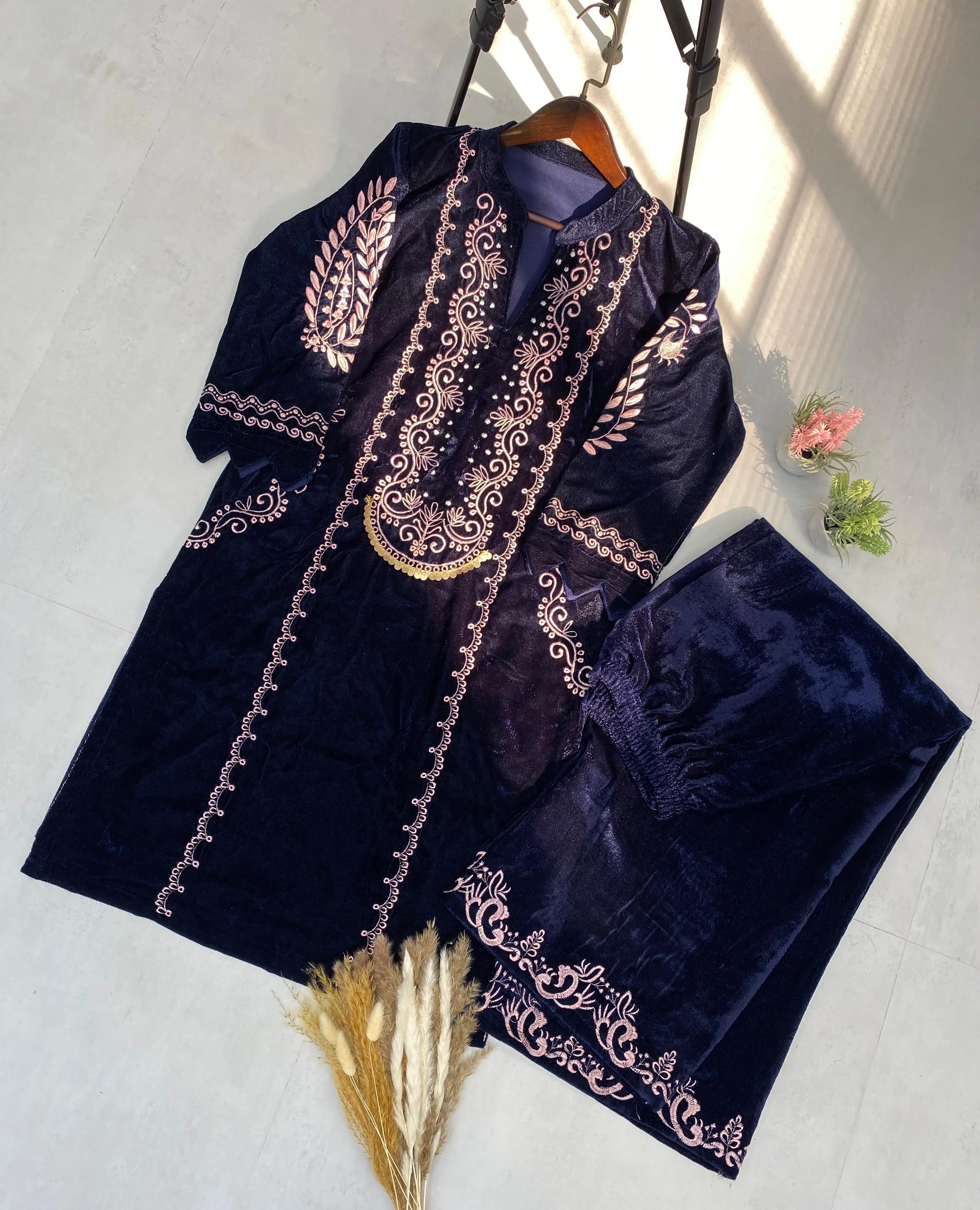 Designer Embroidery work Velvet Kurti Pant Set (Ready to wear)