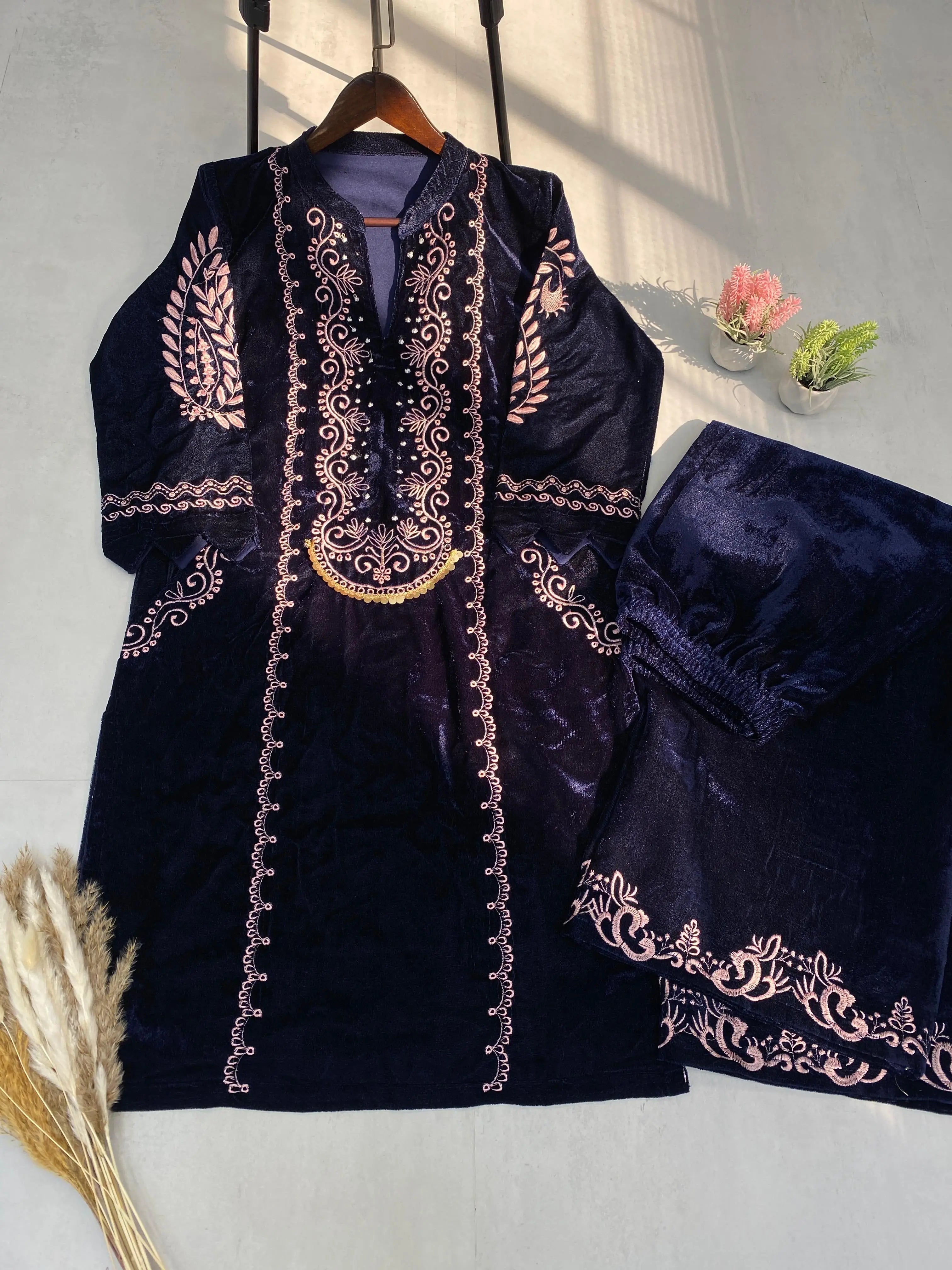 Designer Embroidery work Velvet Kurti Pant Set (Ready to wear)