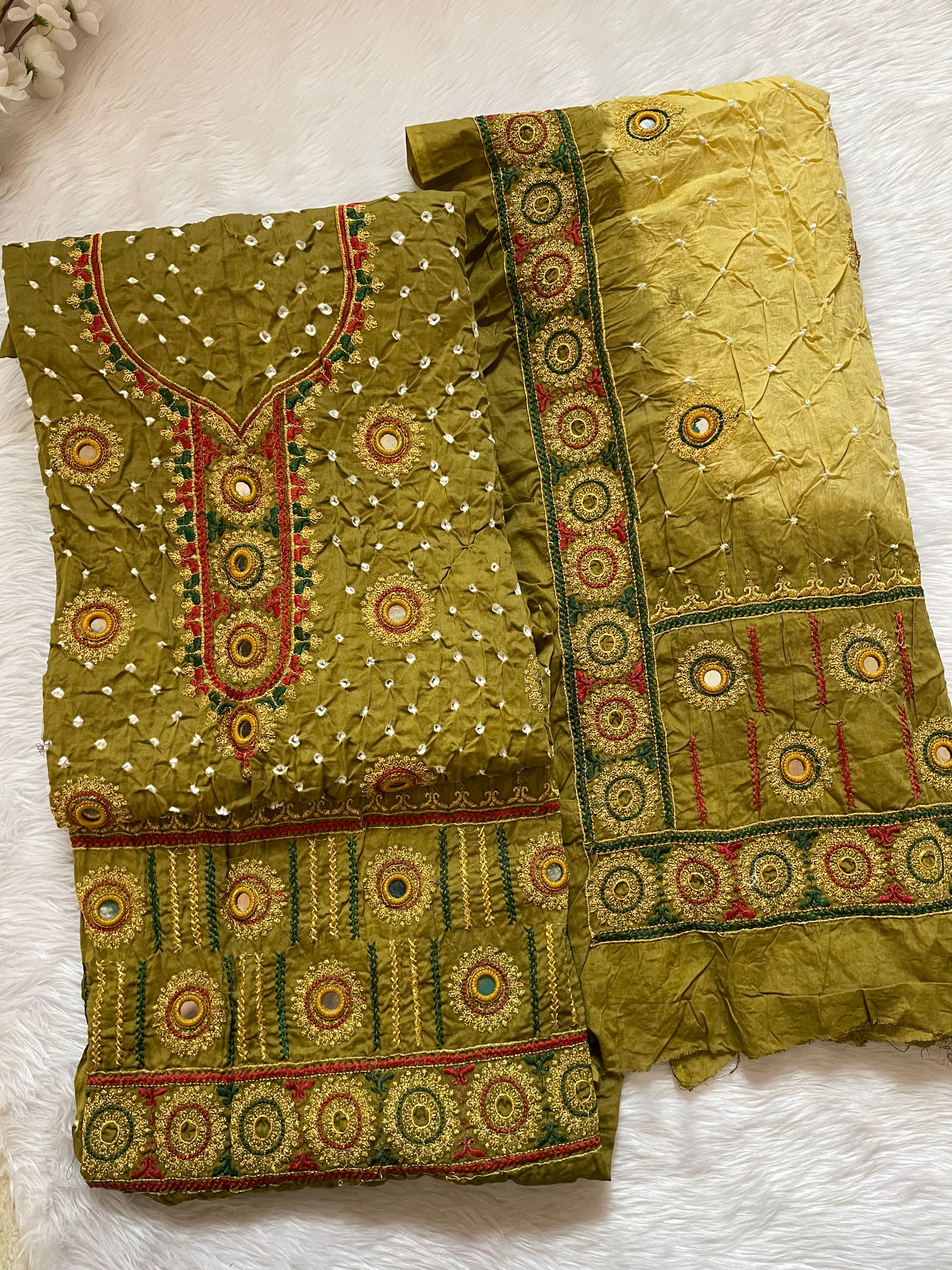 Ethenika Originals Mirror Hand Embroidery Tila Work With Heavy Work Dupatta Bandhani Dress Material (Unstitched)