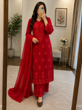 Faux Georgette Chikankari Thread Embroidery Kurti Pant Dupatta Set
