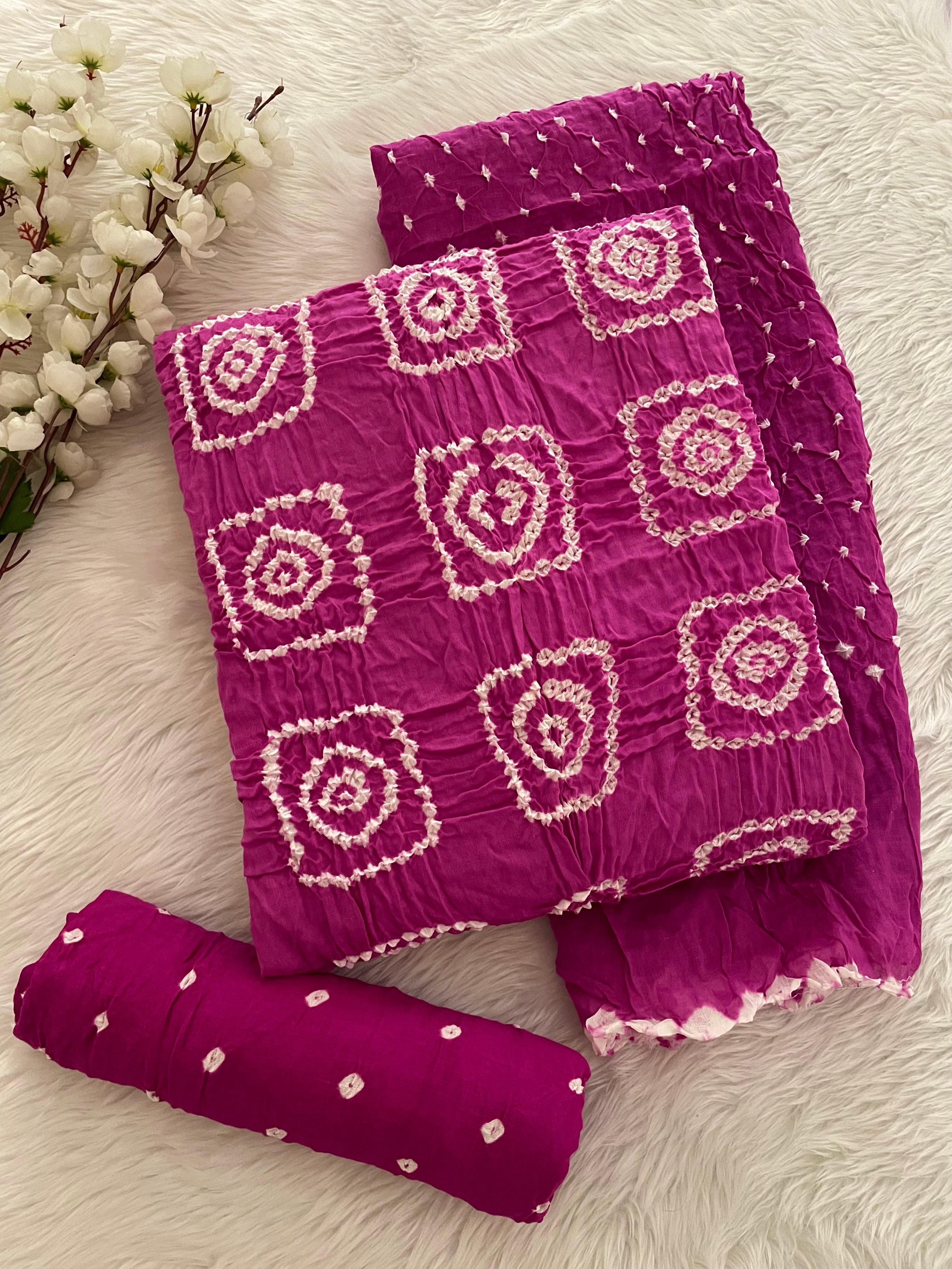 Cotton Satin Square Panel Bandhani Dress Material (Unstitched)