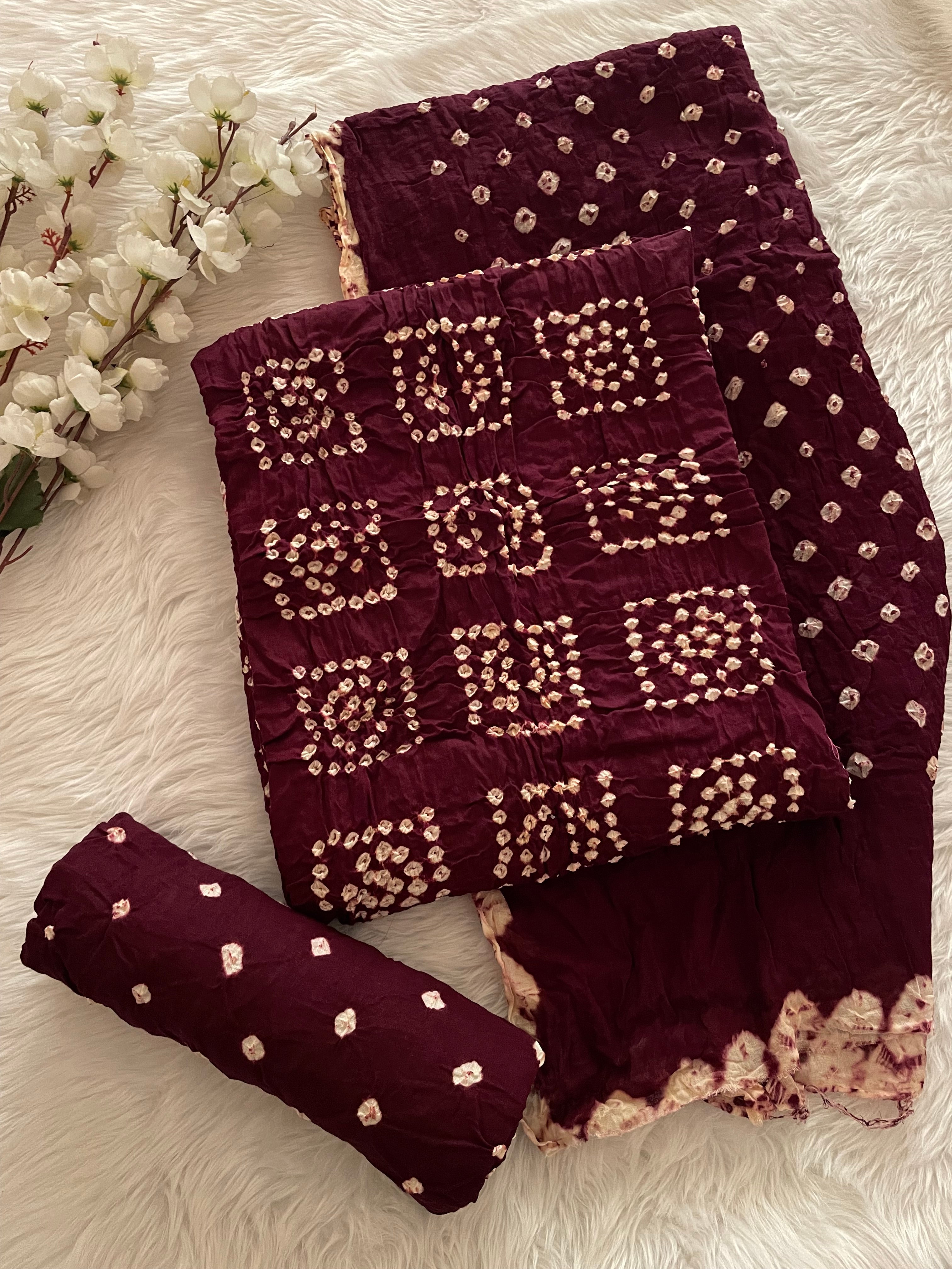 Cotton Satin Self Color Square Pattern Bandhani Dress Material (Unstitched)