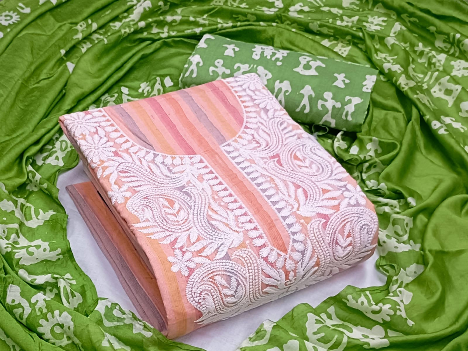Cotton Lakhnavi Thread work batik print Dress Material (Unstitched)