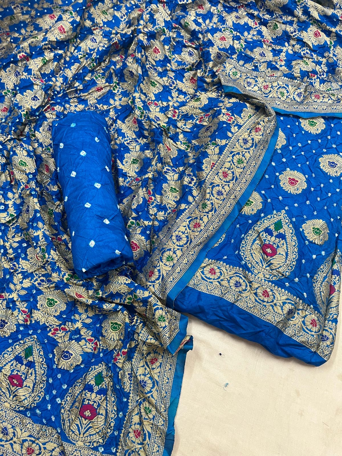 Dhupian Silk Authentic Kasab work Bandhani Dress Material (Unstitched)