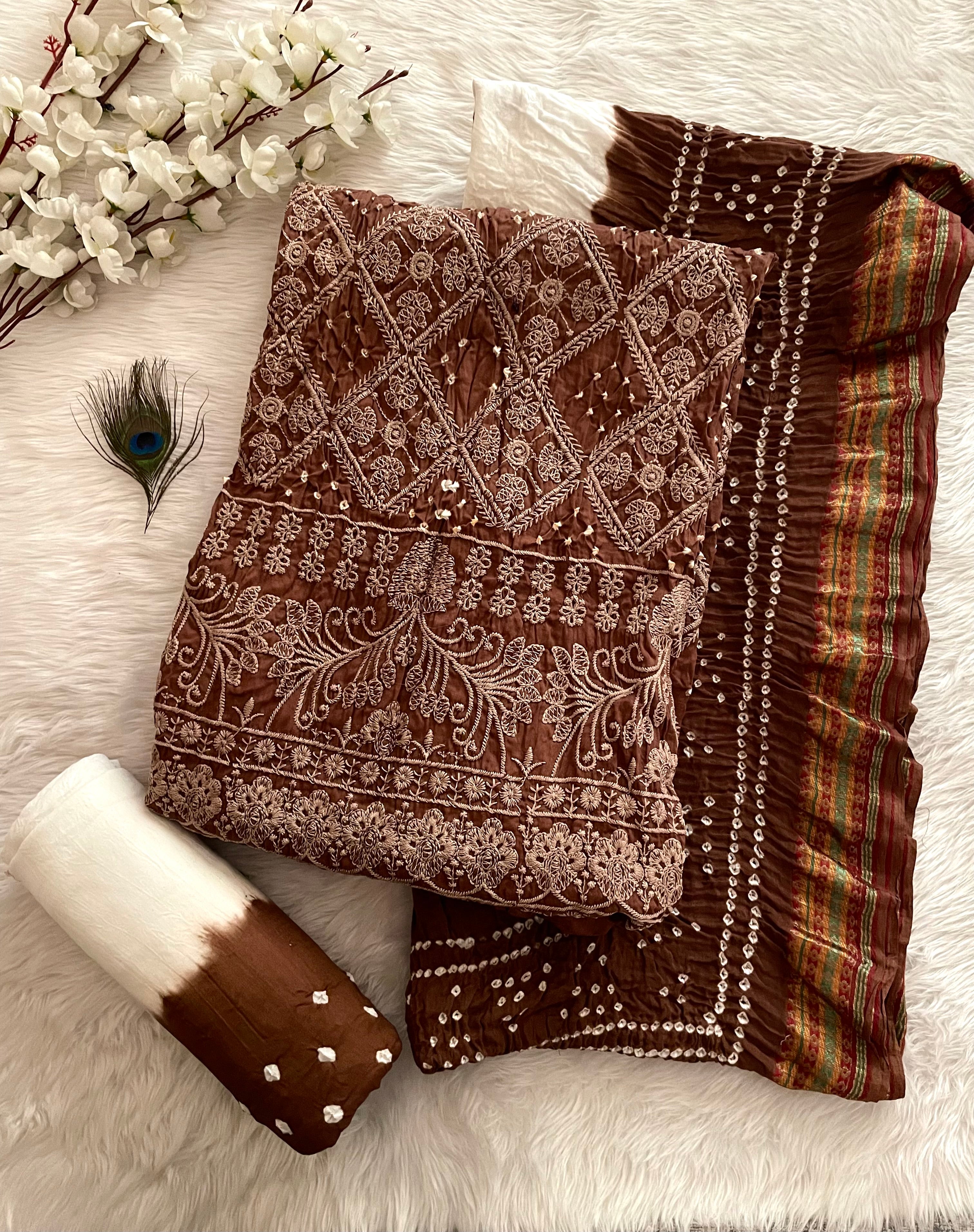 Cotton Authentic Hand Lakhnavi Thread Embroidery work White Concept Bandhani Dress Material (Unstitched)