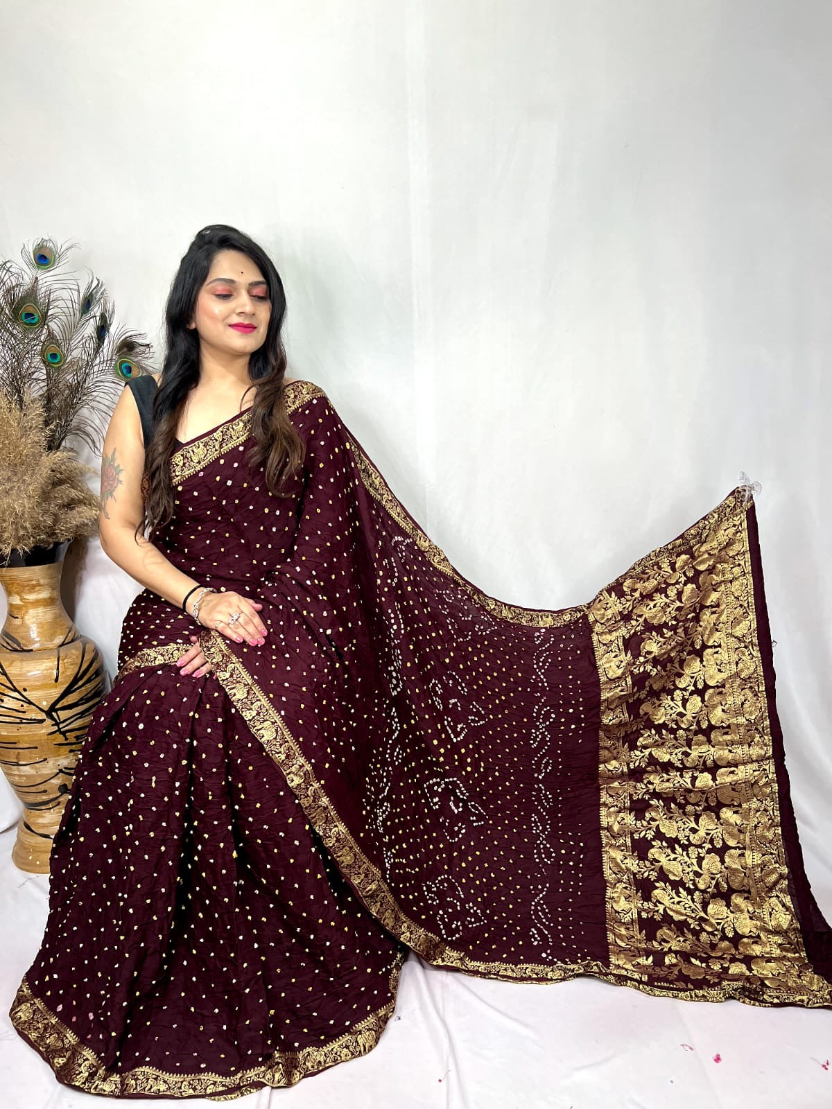 Premium Modal Silk Barik Bandhej Work Nakashi Border Silk Bandhani Saree