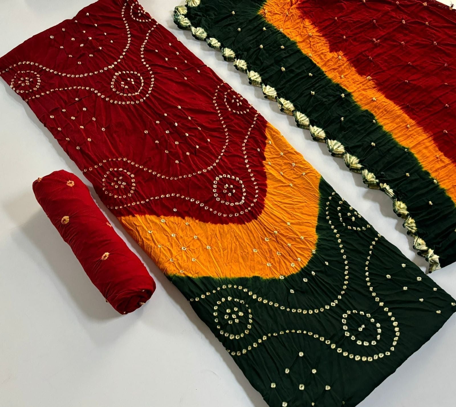 Cotton Satin Multi Color 3 Pc  Kutchi Bandhani Dress Material (Unstitched)