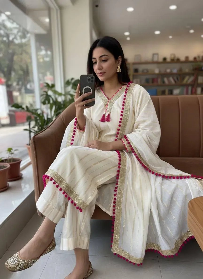 Chanderi Silk Fancy Lace Work with latkan Kurti Palazzo Dupatta Set
