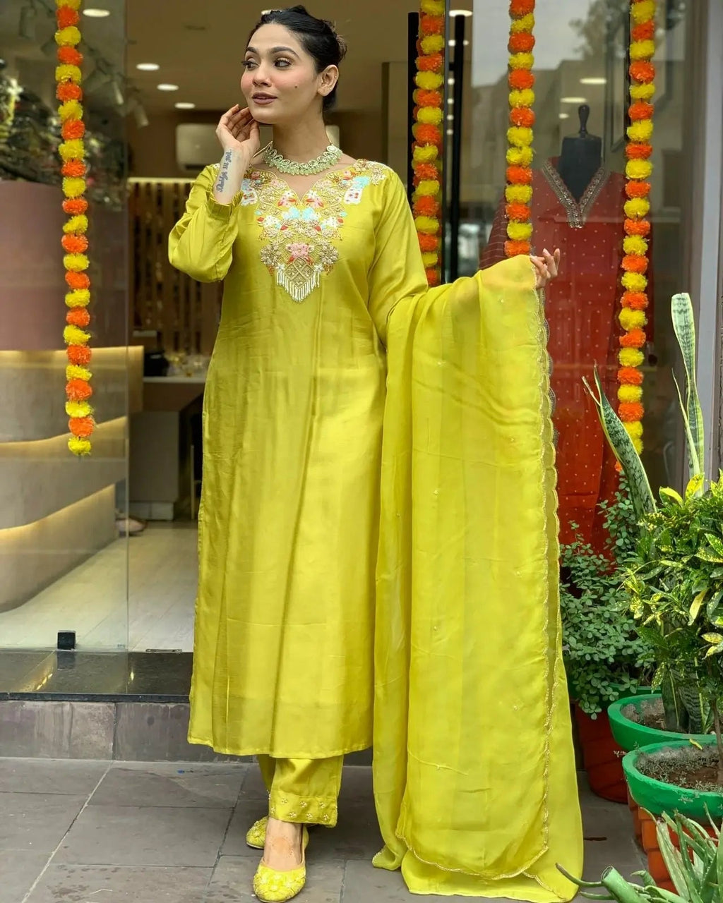 Chanderi Silk Neck stone embroidery work Kurti Pant Dupatta Set (Stitched)