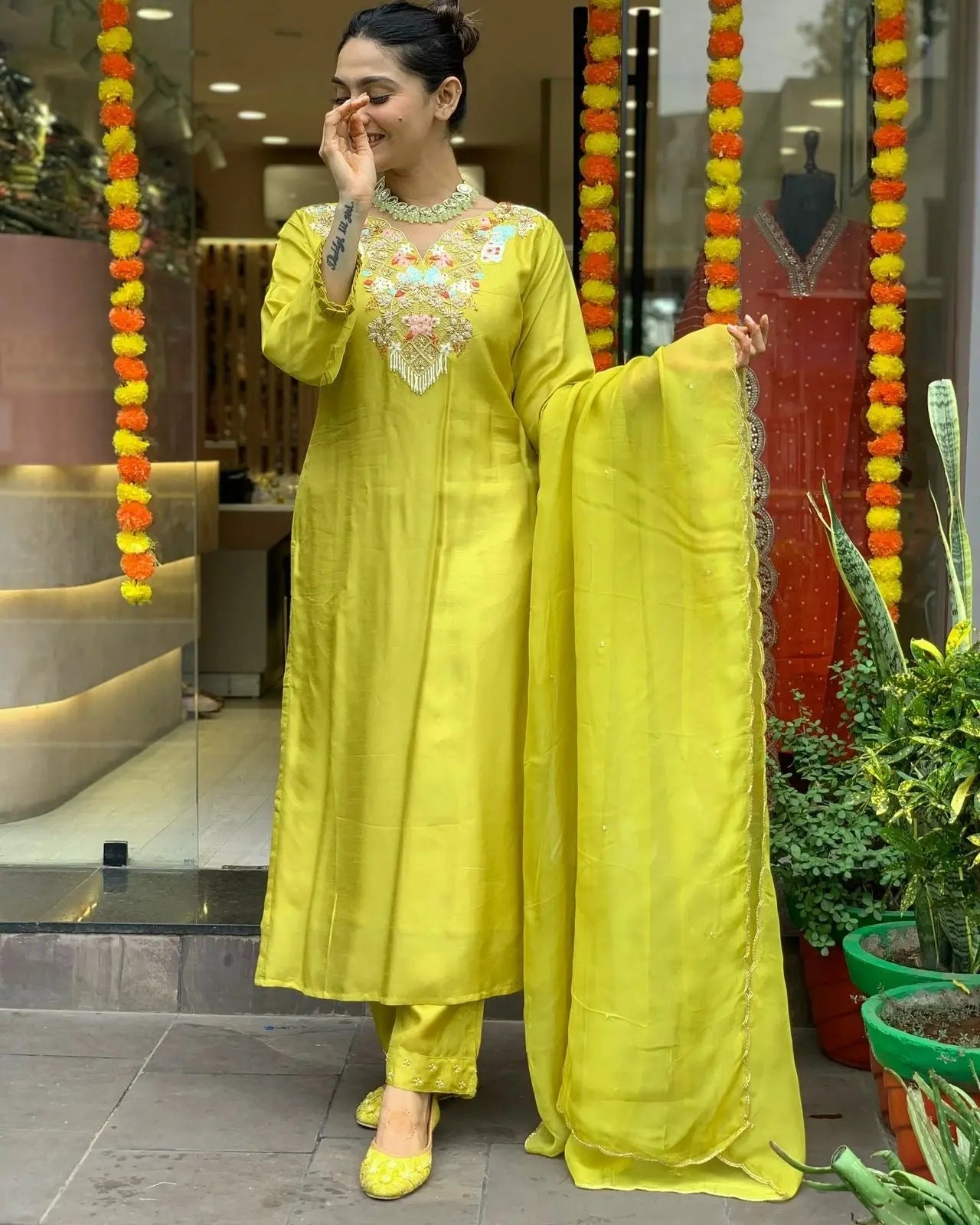 Chanderi Silk Neck stone embroidery work Kurti Pant Dupatta Set (Stitched)