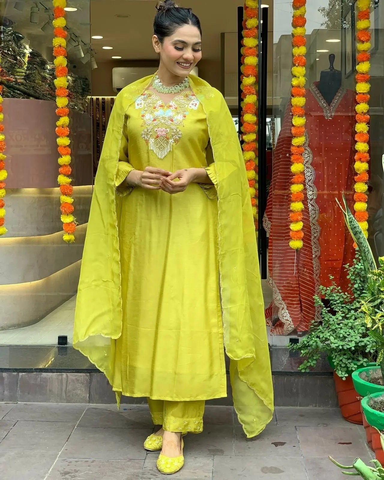 Chanderi Silk Neck stone embroidery work Kurti Pant Dupatta Set (Stitched)