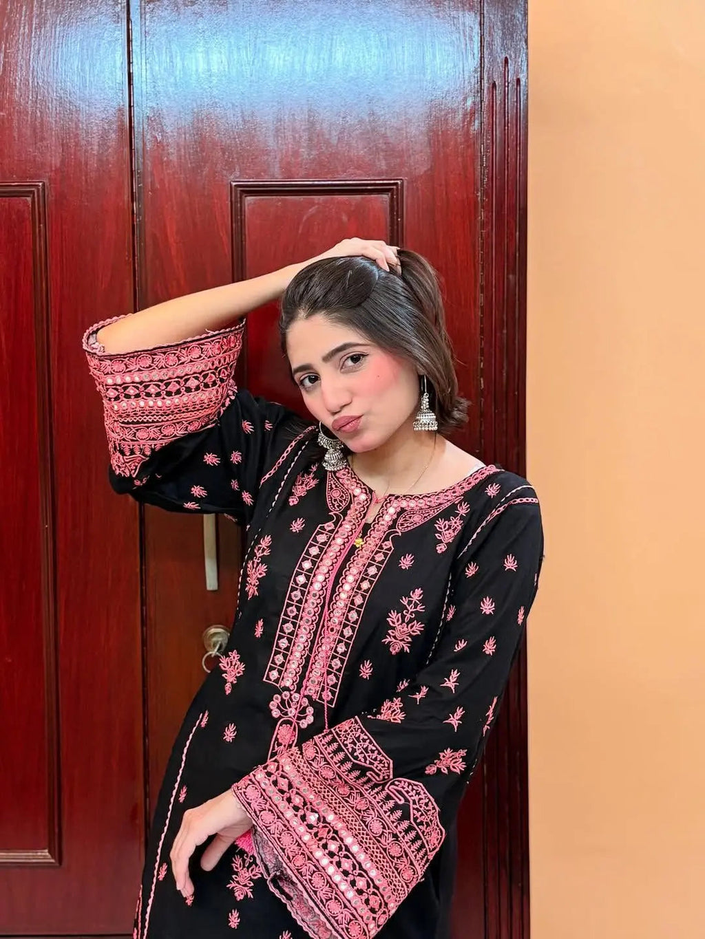 Chikankari Style Embroidery with Mirror Work Kurti Palazo Dupatta Set