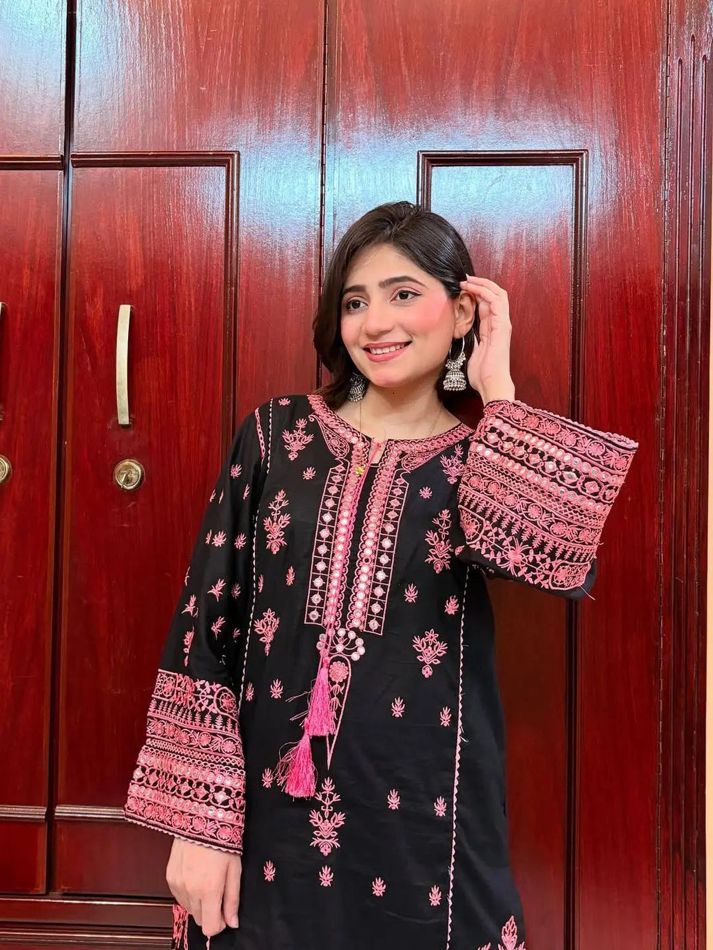 Chikankari Style Embroidery with Mirror Work Kurti Palazo Dupatta Set
