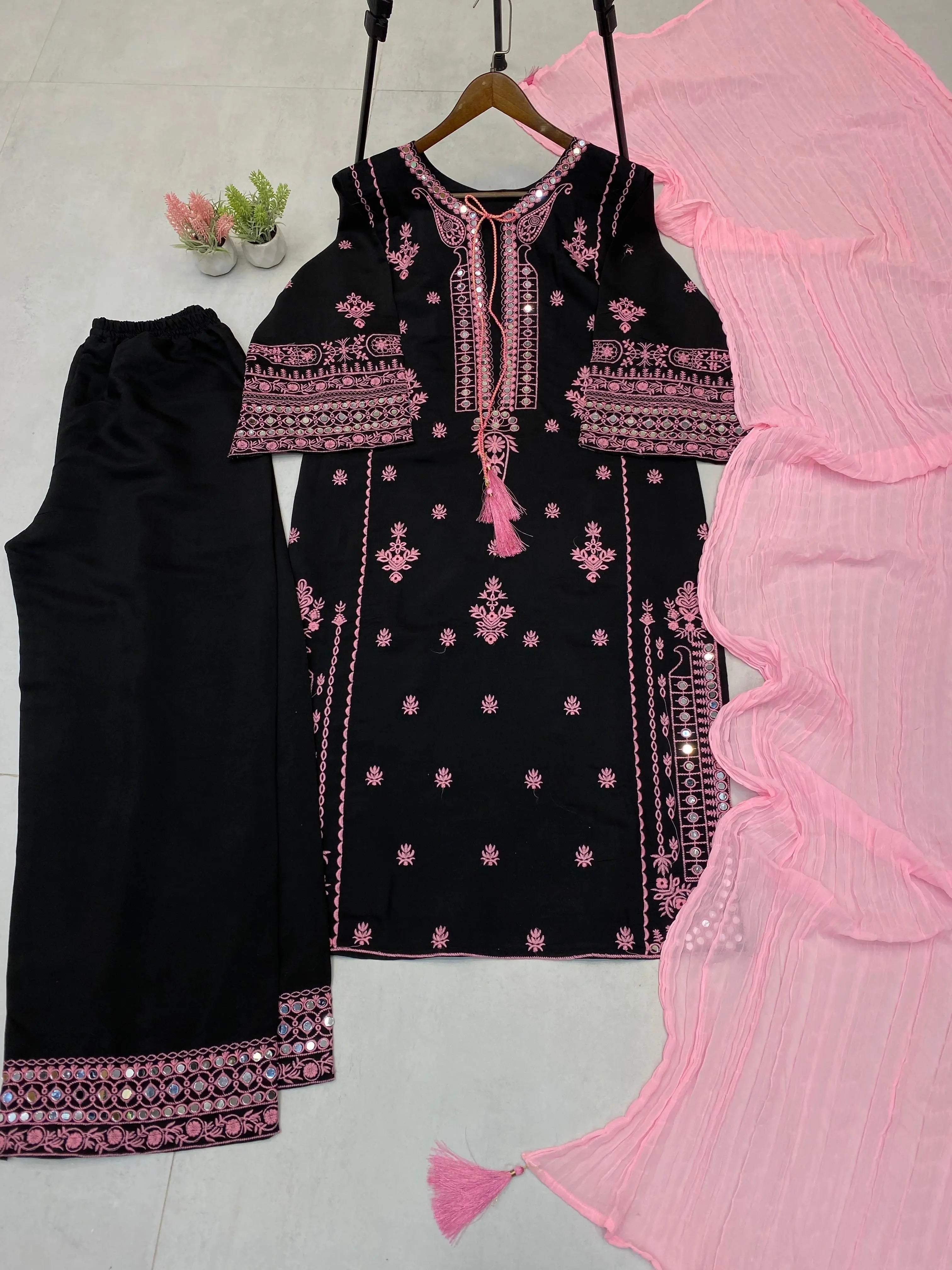 Chikankari Style Embroidery with Mirror Work Kurti Palazo Dupatta Set