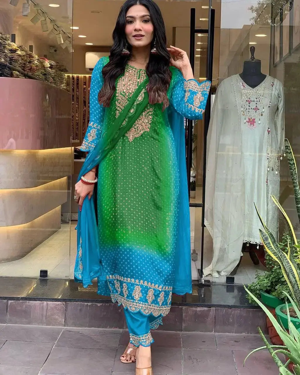 Chinon Digital Bandhani Print with Neck Thread Embroidery work Kurti Pant Dupatta Set(Stitched)