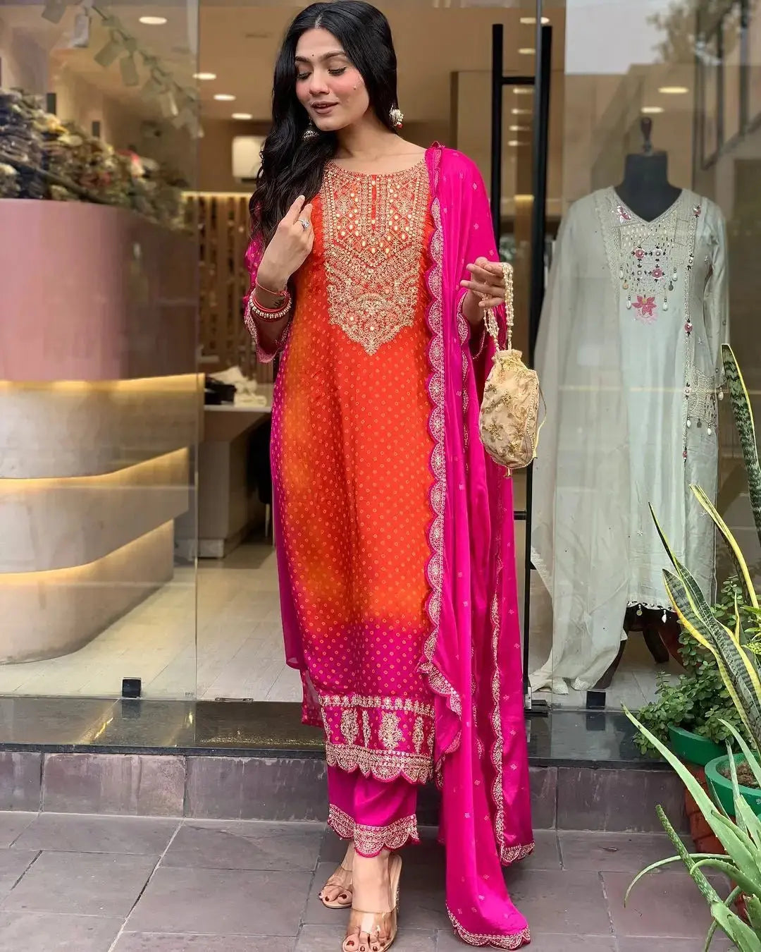 Chinon Digital Bandhani Print with Neck Thread Embroidery work Kurti Pant Dupatta Set(Stitched)