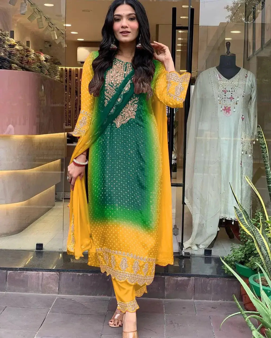 Chinon Digital Bandhani Print with Neck Thread Embroidery work Kurti Pant Dupatta Set(Stitched)