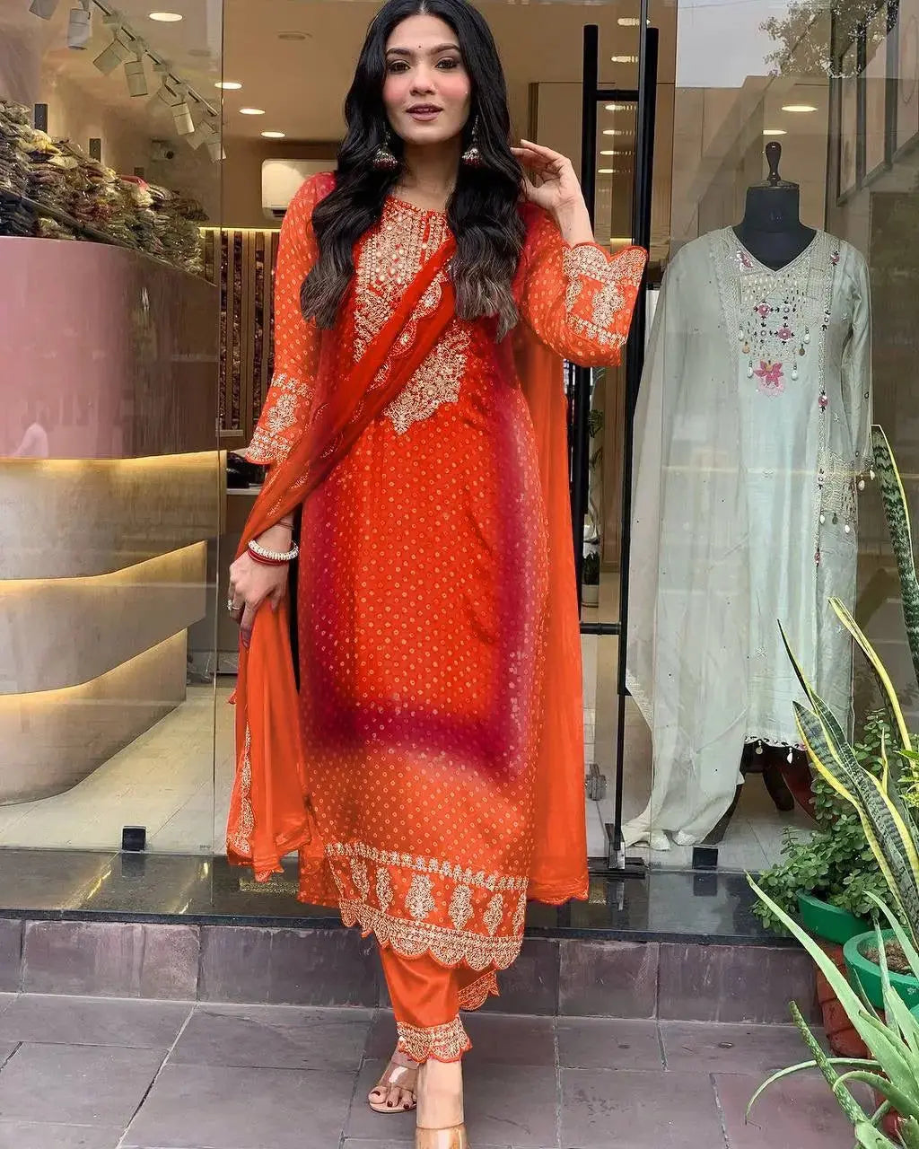 Chinon Digital Bandhani Print with Neck Thread Embroidery work Kurti Pant Dupatta Set(Stitched)