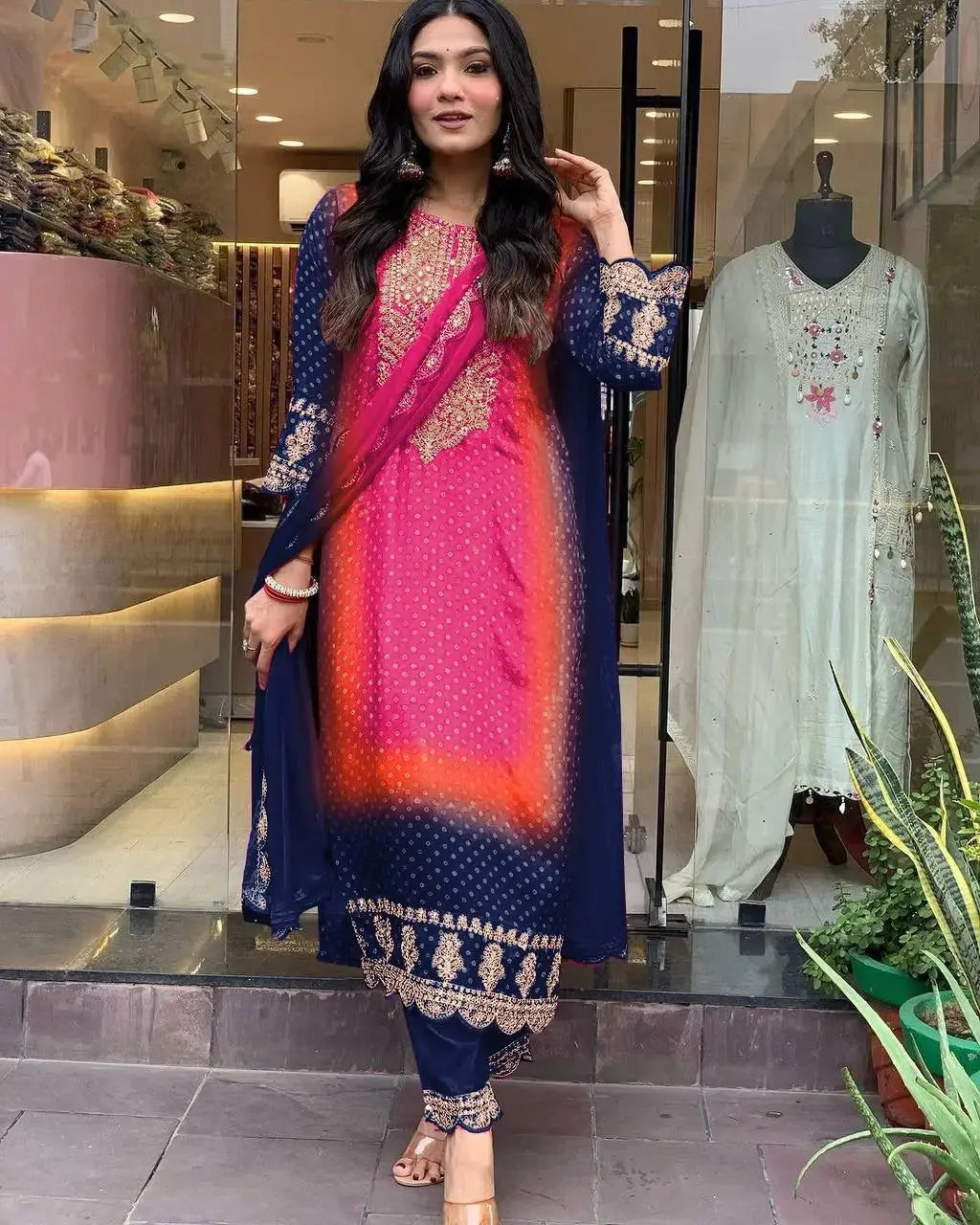 Chinon Digital Bandhani Print with Neck Thread Embroidery work Kurti Pant Dupatta Set(Stitched)
