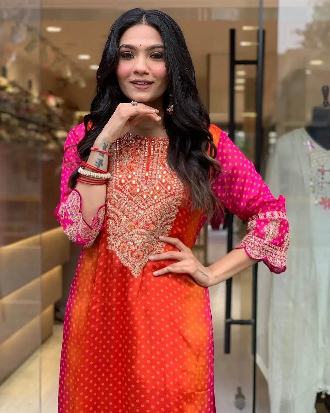 Chinon Digital Bandhani Print with Neck Thread Embroidery work Kurti Pant Dupatta Set(Stitched)