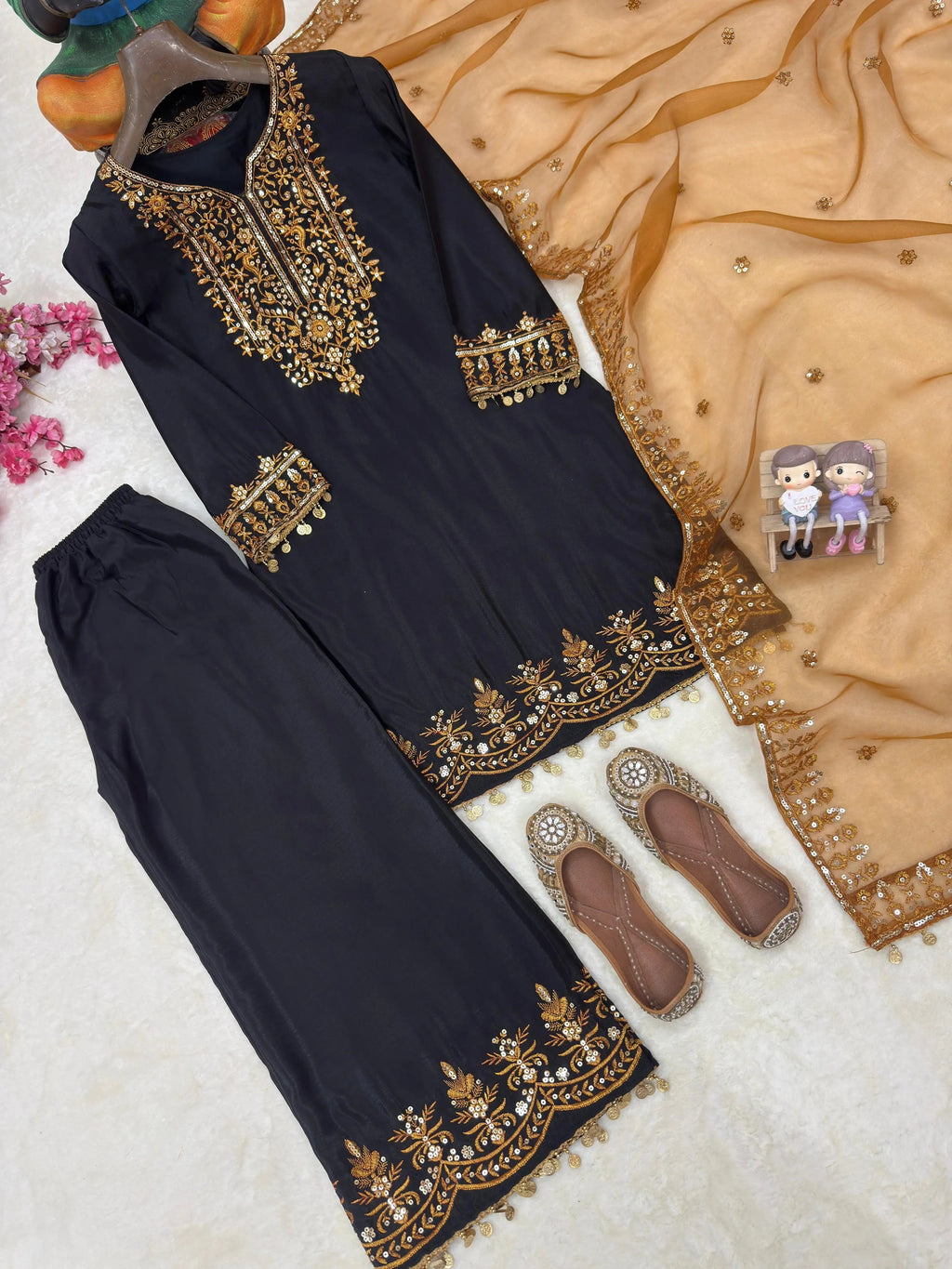 Chinon Silk Designer Kurti Palazzo Dupatta Set