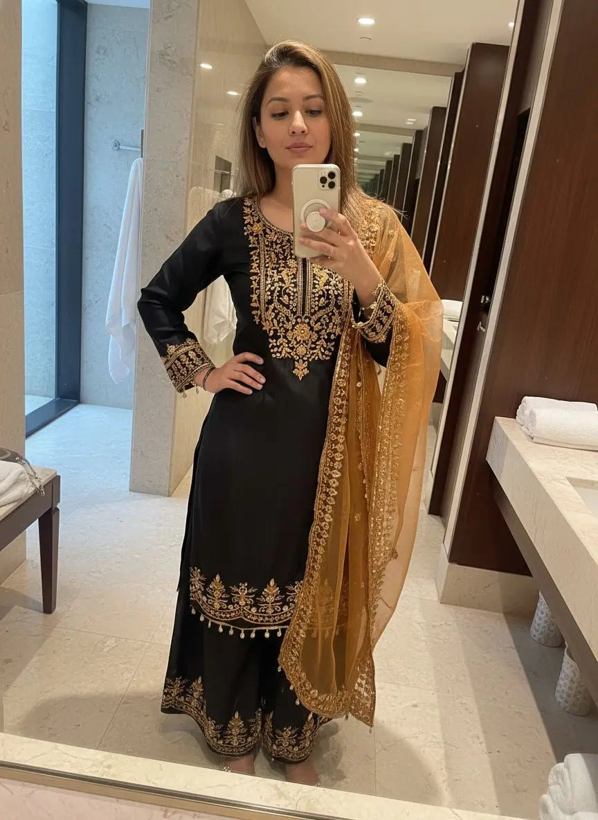 Chinon Silk Designer Kurti Palazzo Dupatta Set