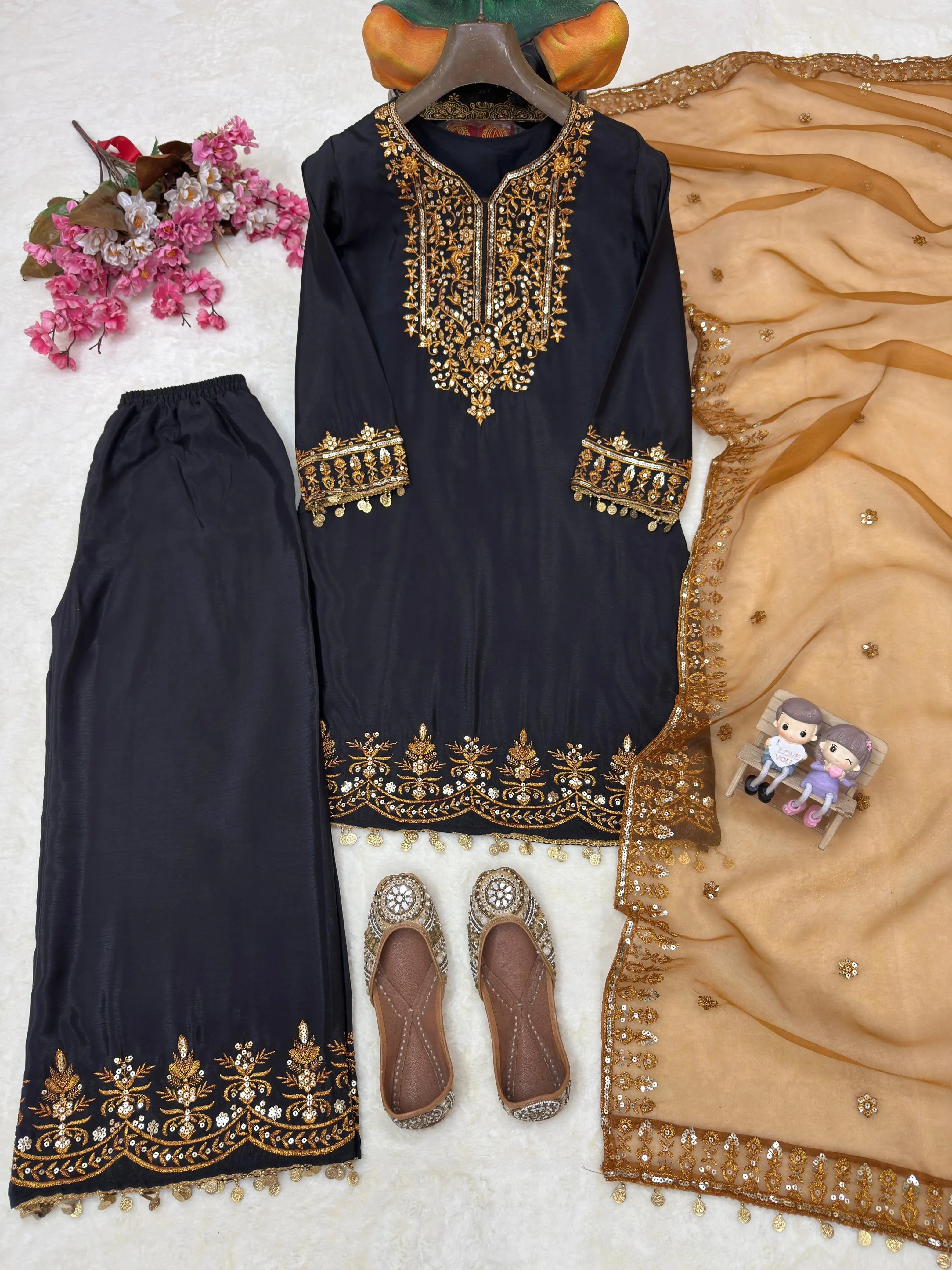 Chinon Silk Designer Kurti Palazzo Dupatta Set