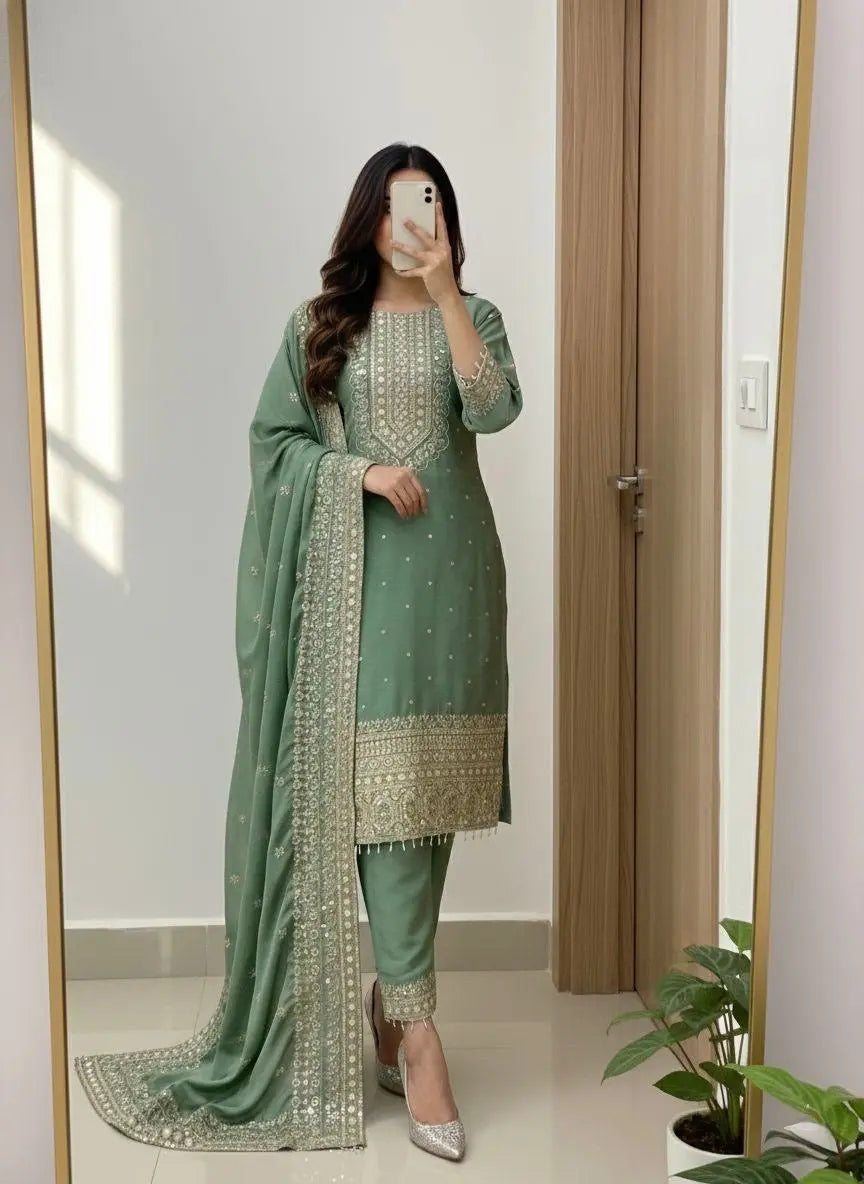 Chinon Silk Designer Party Wear Kurti Pant Dupatta Set