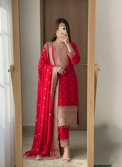 Chinon Silk Designer Party Wear Kurti Pant Dupatta Set