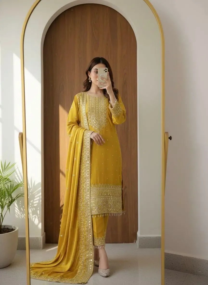 Chinon Silk Designer Party Wear Kurti Pant Dupatta Set