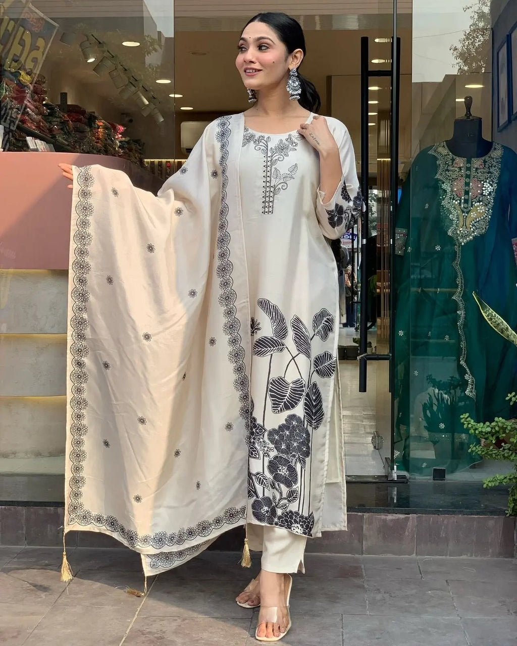 Chinon Silk Digital Print Work Summer Special Kurti Pant Dupatta Set (Stitched)