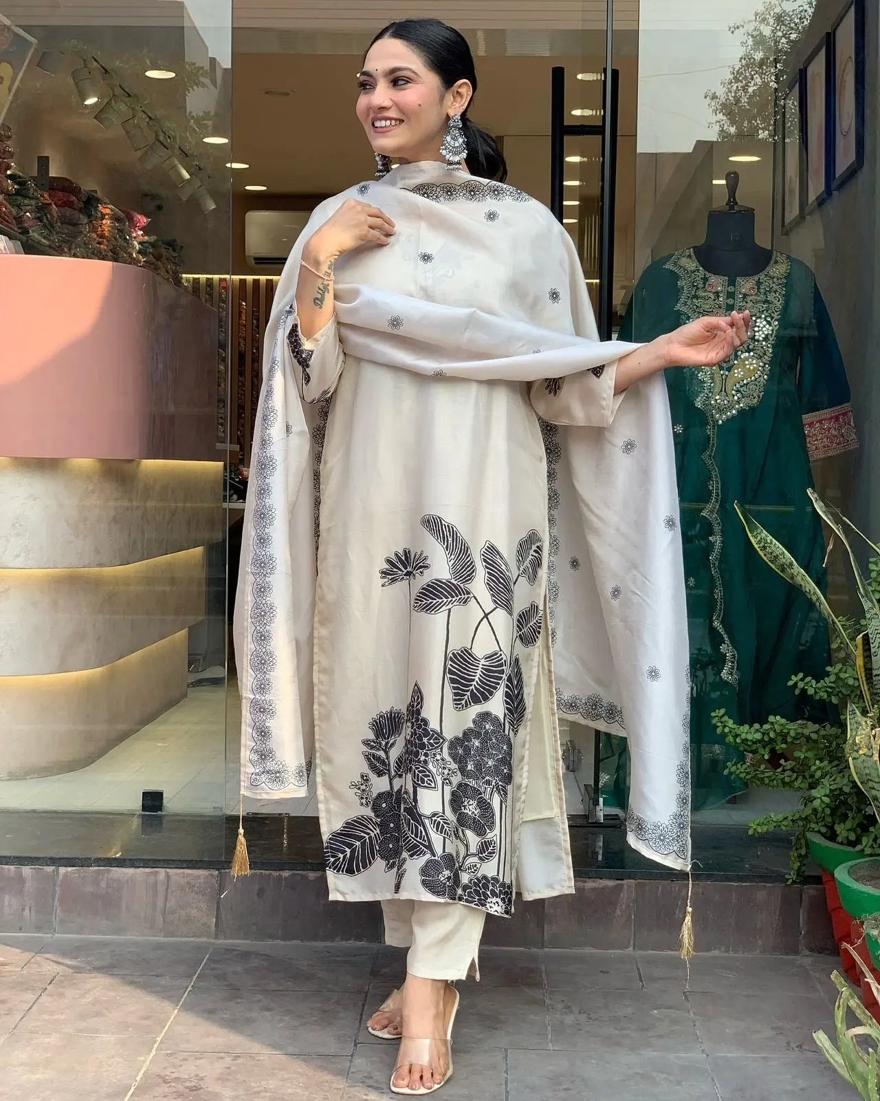 Chinon Silk Digital Print Work Summer Special Kurti Pant Dupatta Set (Stitched)
