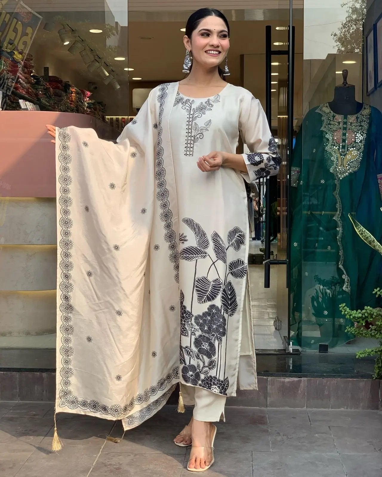 Chinon Silk Digital Print Work Summer Special Kurti Pant Dupatta Set (Stitched)