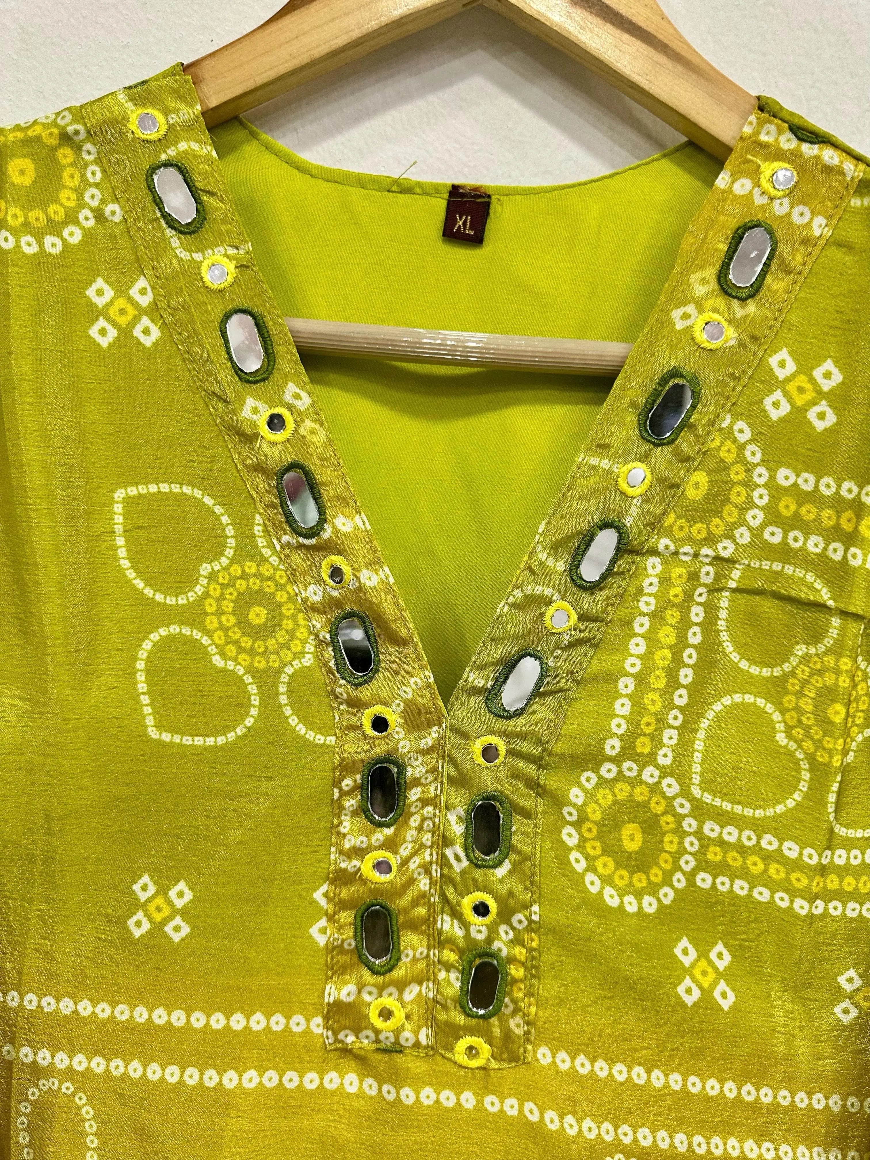 Chinon Silk Neck Mirror Work Bandhani Print Summer Special Ready to Wear Cord Set