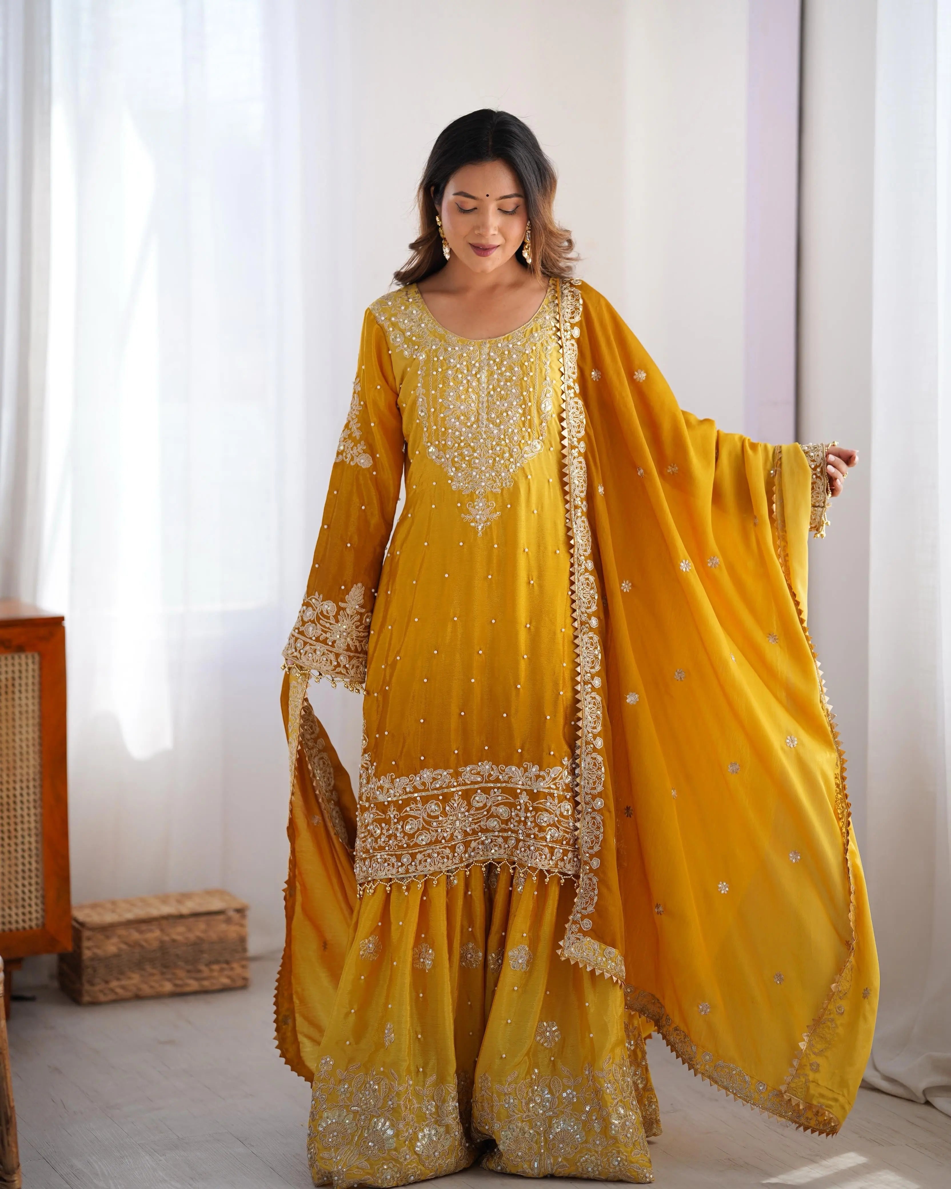 Chinon Silk Real Moti work with Sequence hand embroidery work Kurti Sharara Dupatta Set (Fully Stitched)