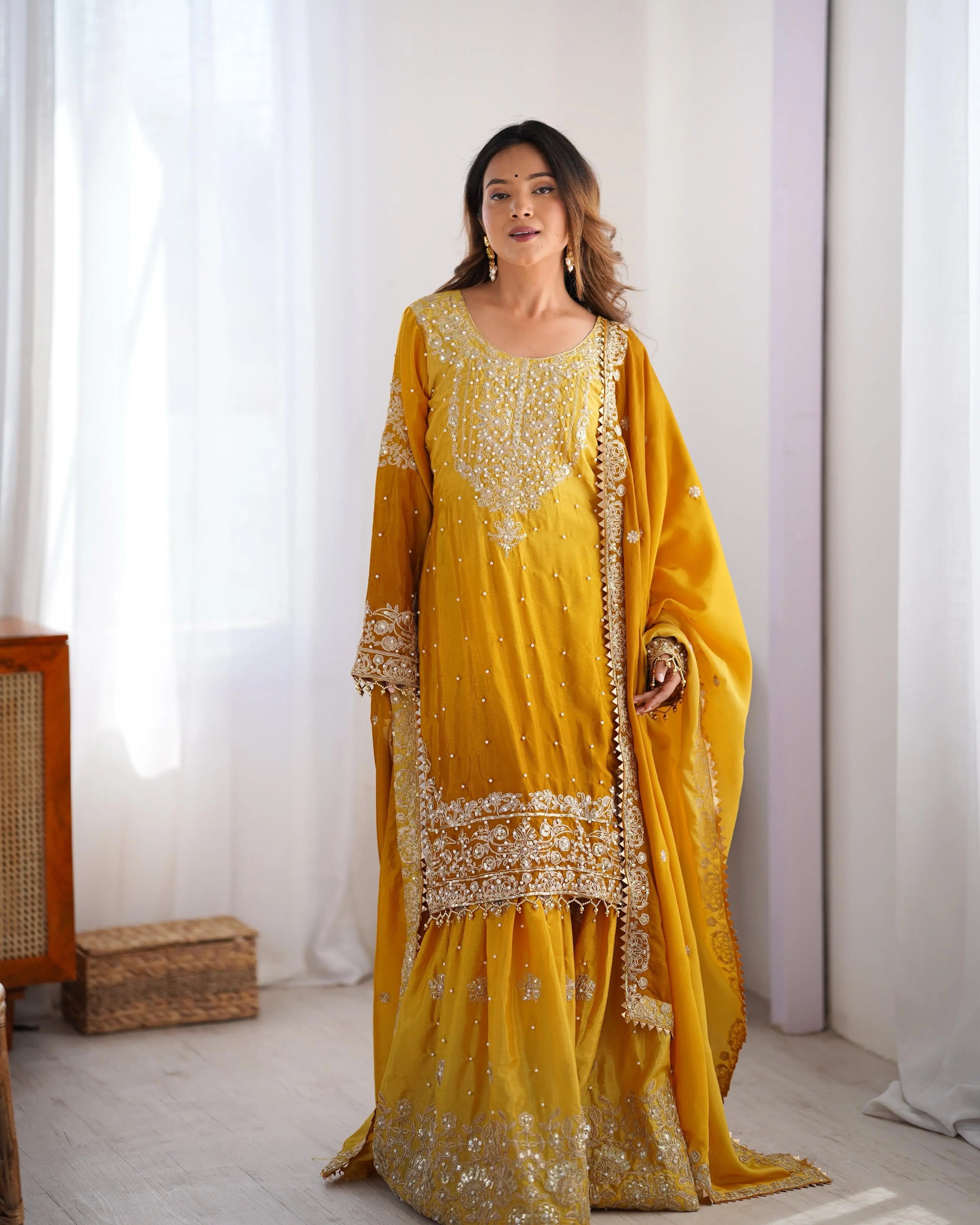 Chinon Silk Real Moti work with Sequence hand embroidery work Kurti Sharara Dupatta Set (Fully Stitched)