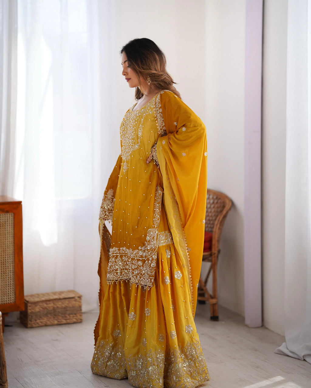 Chinon Silk Real Moti work with Sequence hand embroidery work Kurti Sharara Dupatta Set (Fully Stitched)