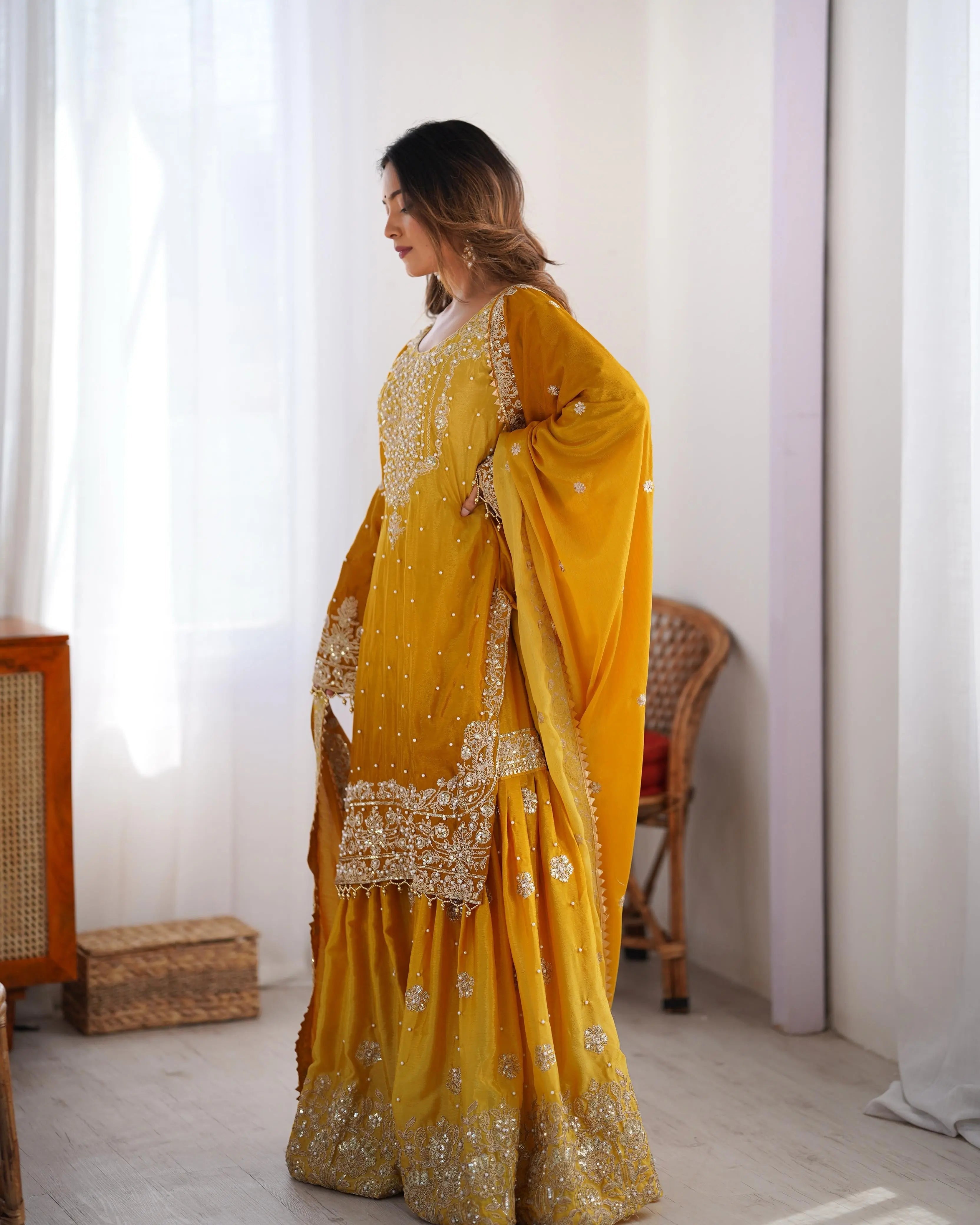 Chinon Silk Real Moti work with Sequence hand embroidery work Kurti Sharara Dupatta Set (Fully Stitched)
