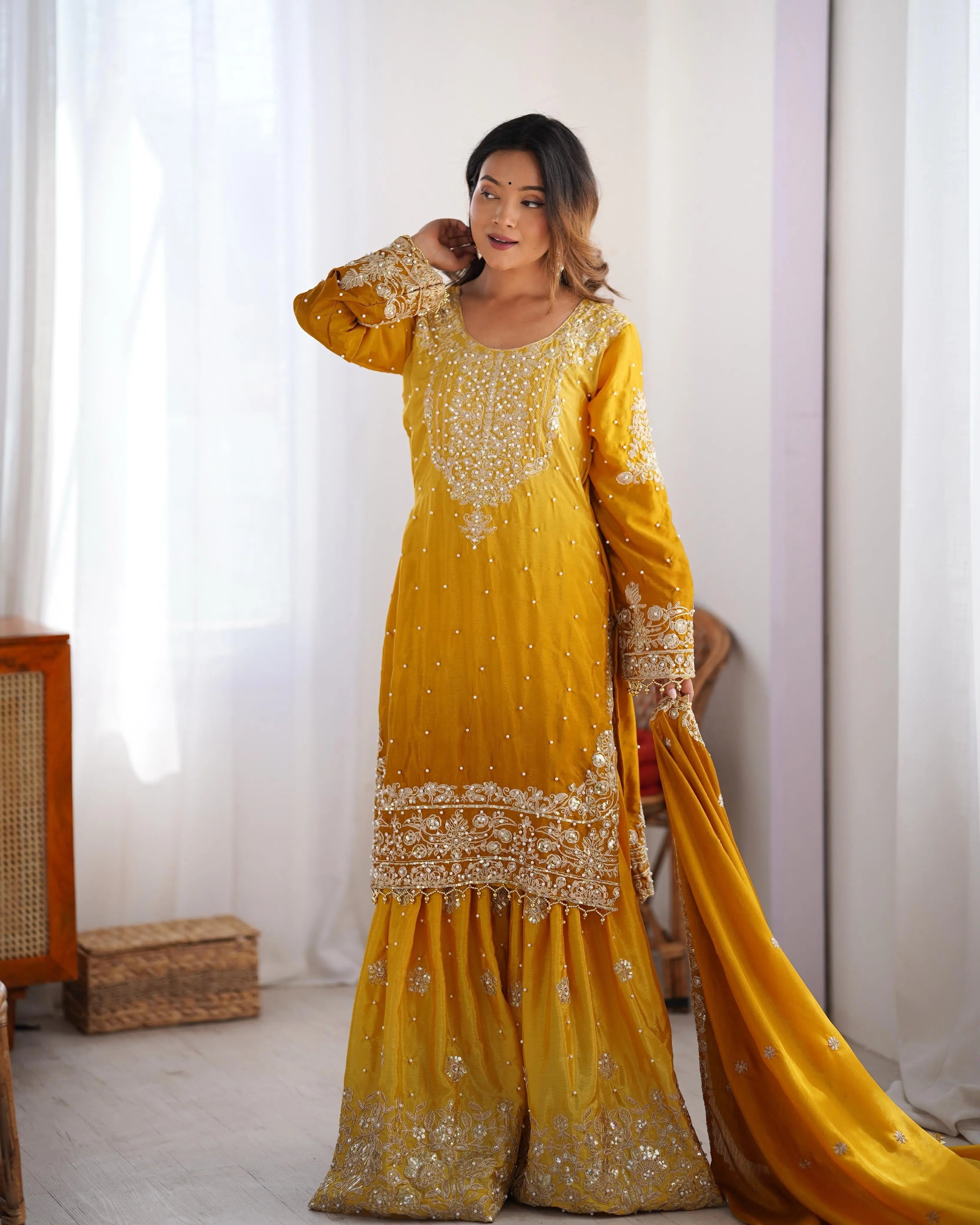 Chinon Silk Real Moti work with Sequence hand embroidery work Kurti Sharara Dupatta Set (Fully Stitched)