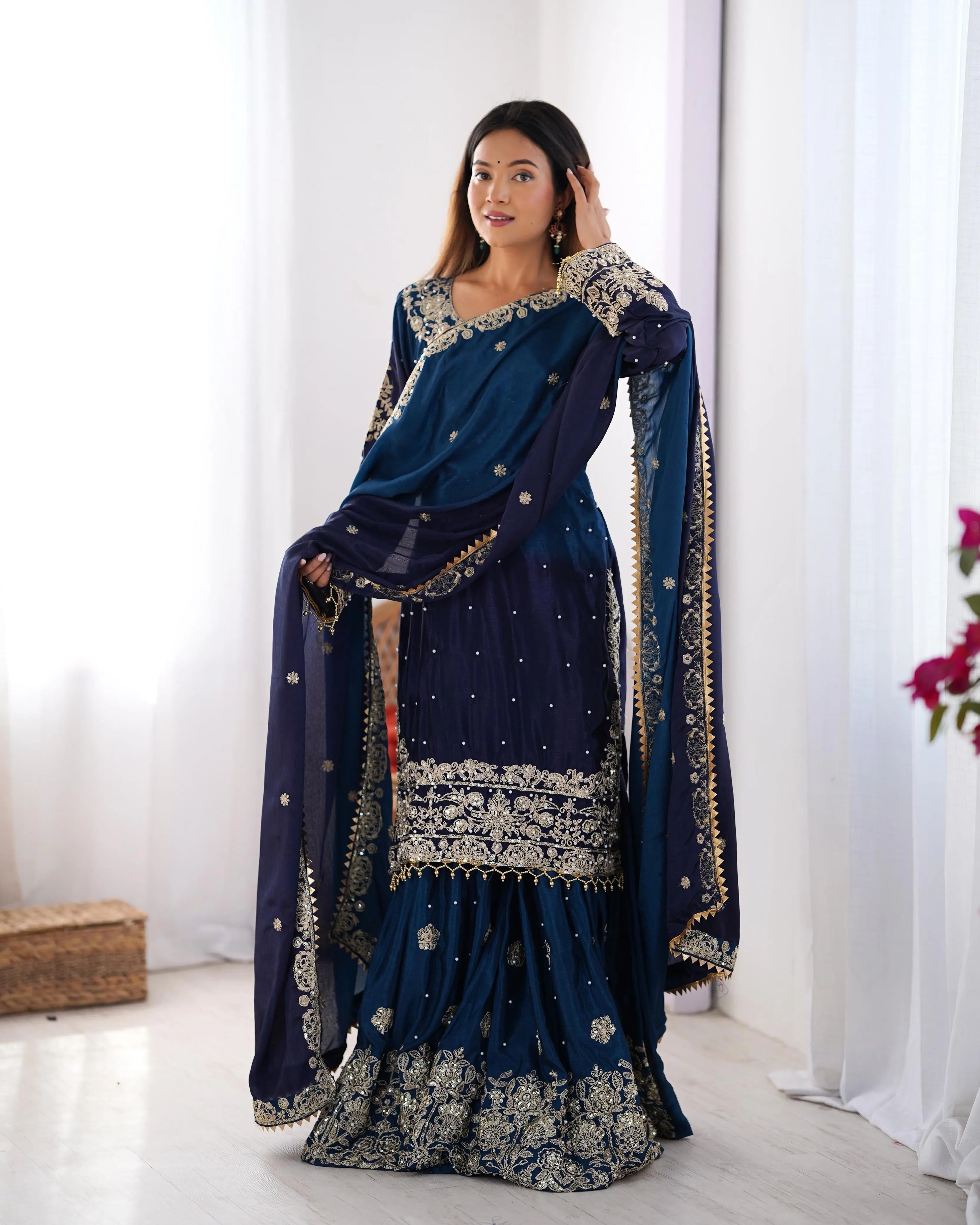 Chinon Silk Real Moti work with Sequence hand embroidery work Kurti Sharara Dupatta Set (Fully Stitched)