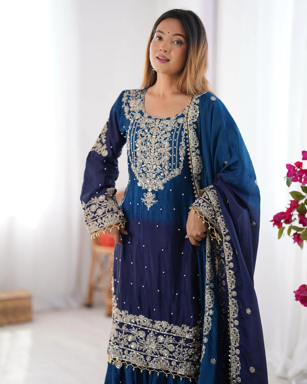 Chinon Silk Real Moti work with Sequence hand embroidery work Kurti Sharara Dupatta Set (Fully Stitched)