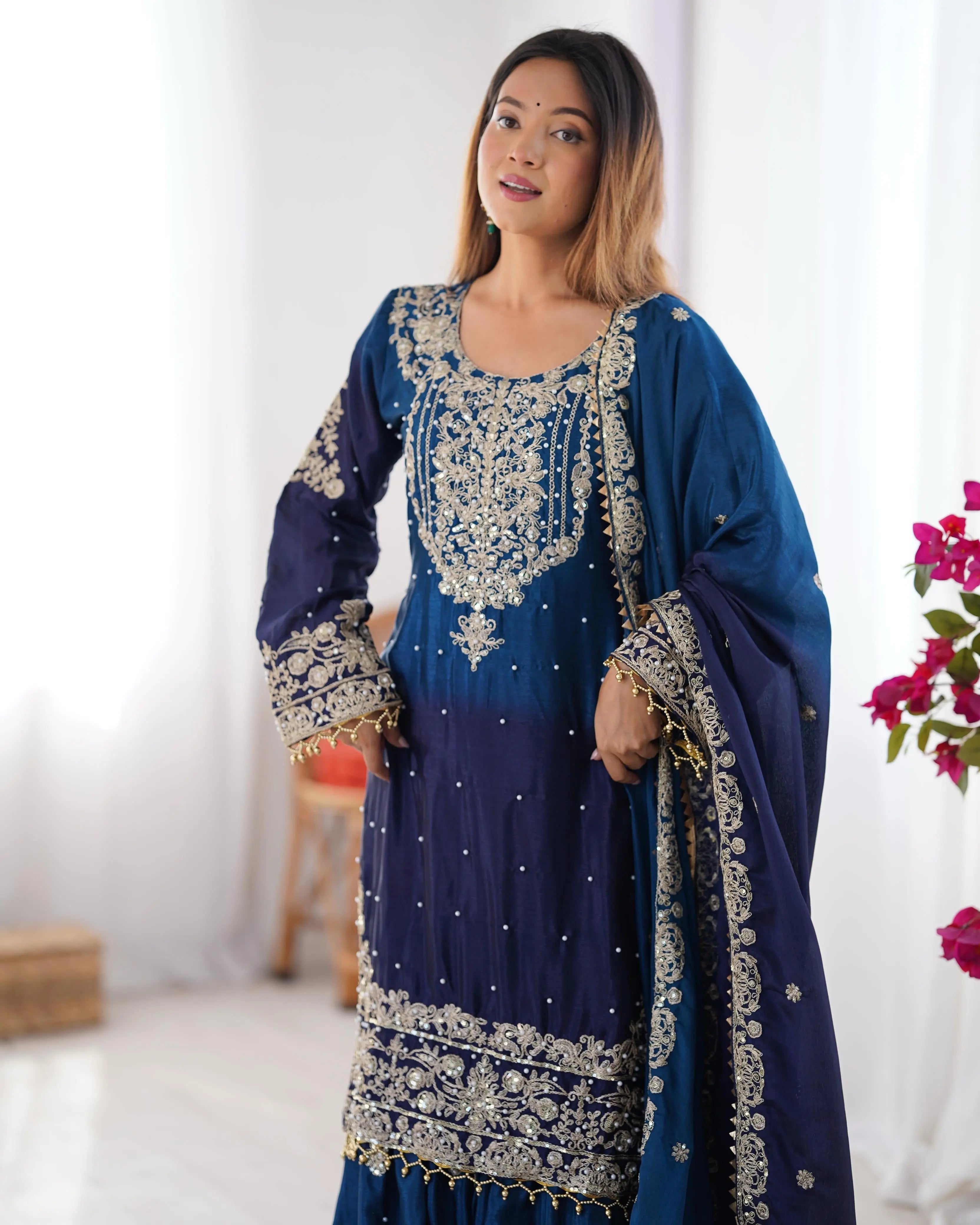 Chinon Silk Real Moti work with Sequence hand embroidery work Kurti Sharara Dupatta Set (Fully Stitched)