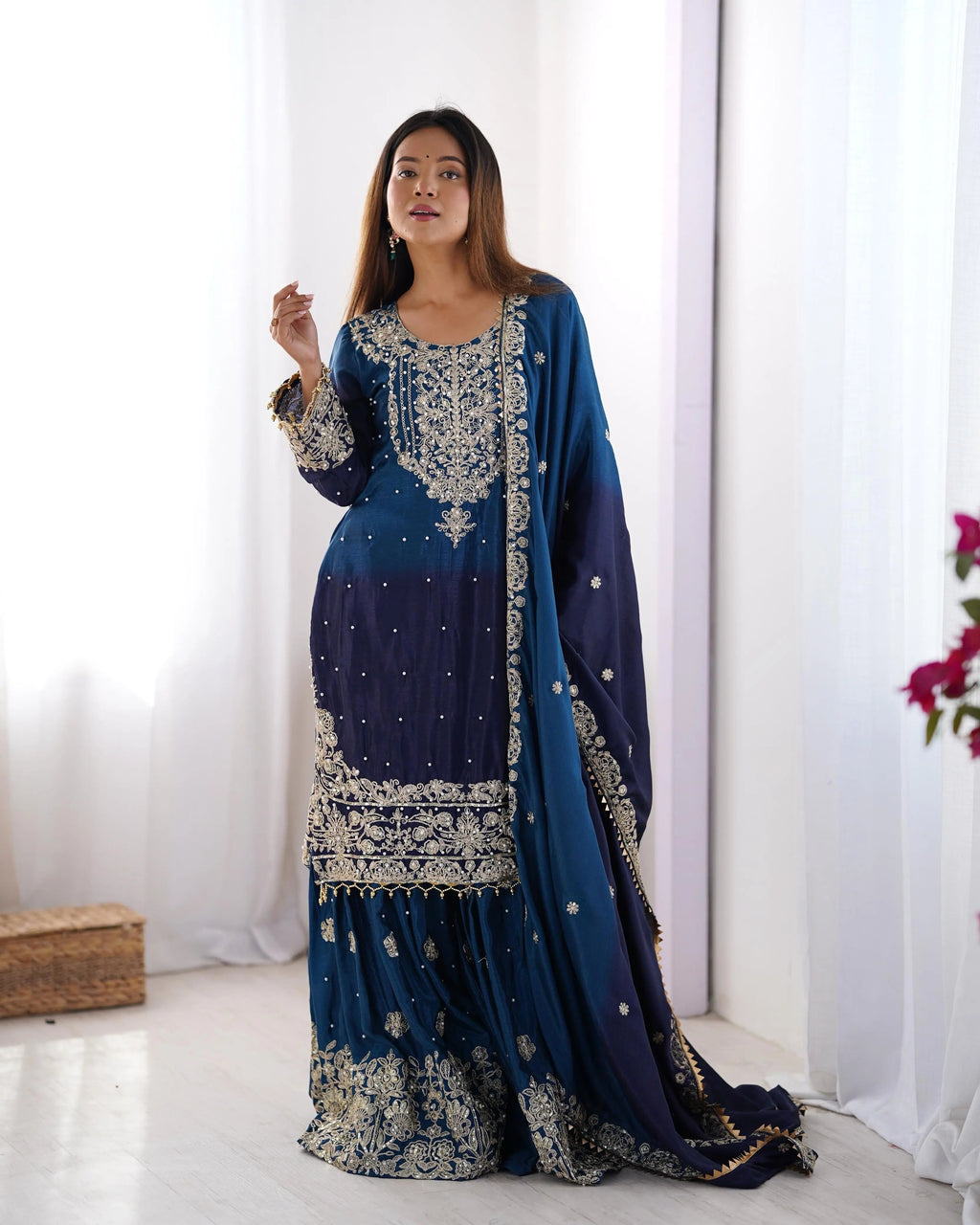 Chinon Silk Real Moti work with Sequence hand embroidery work Kurti Sharara Dupatta Set (Fully Stitched)