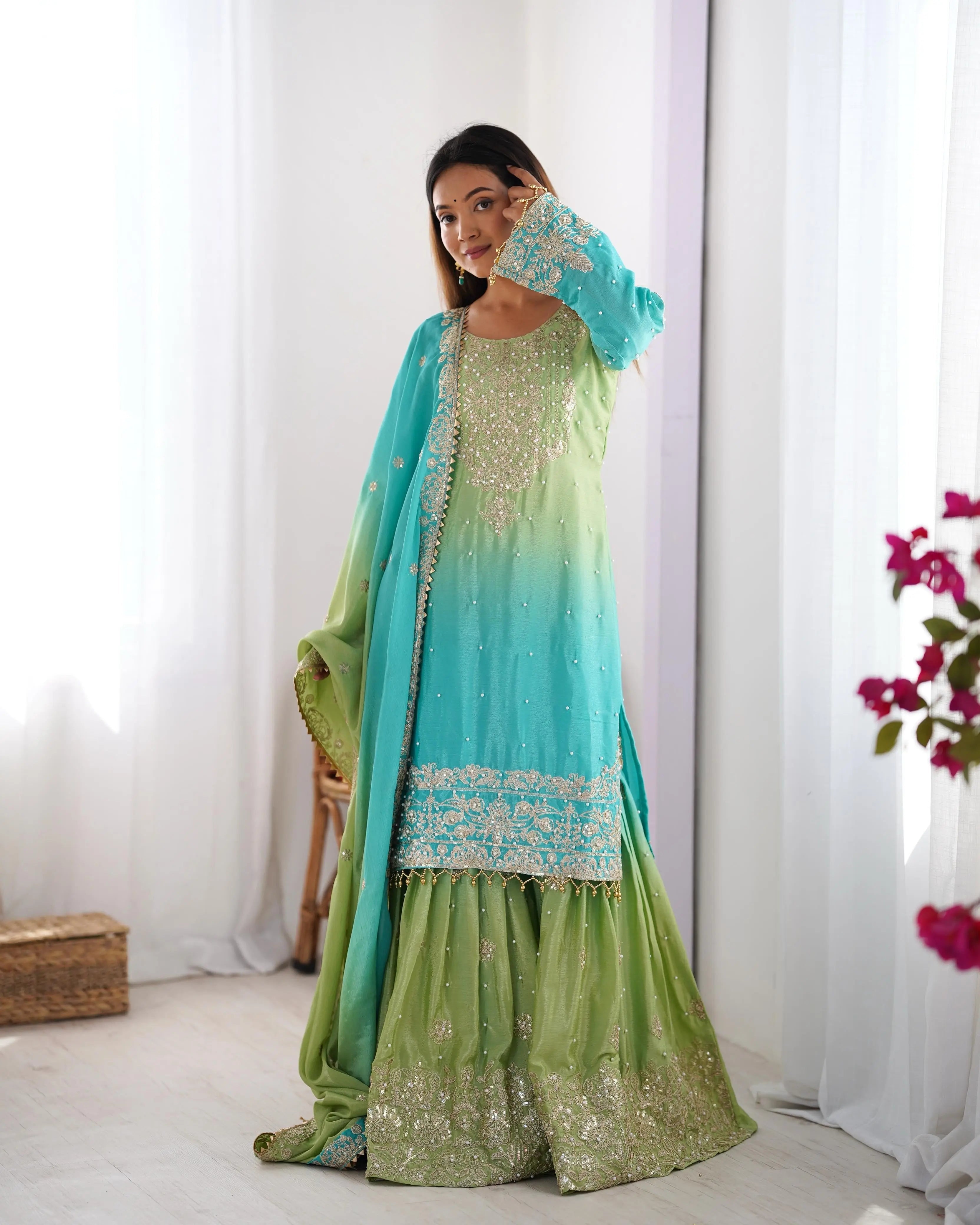 Chinon Silk Real Moti work with Sequence hand embroidery work Kurti Sharara Dupatta Set (Fully Stitched)